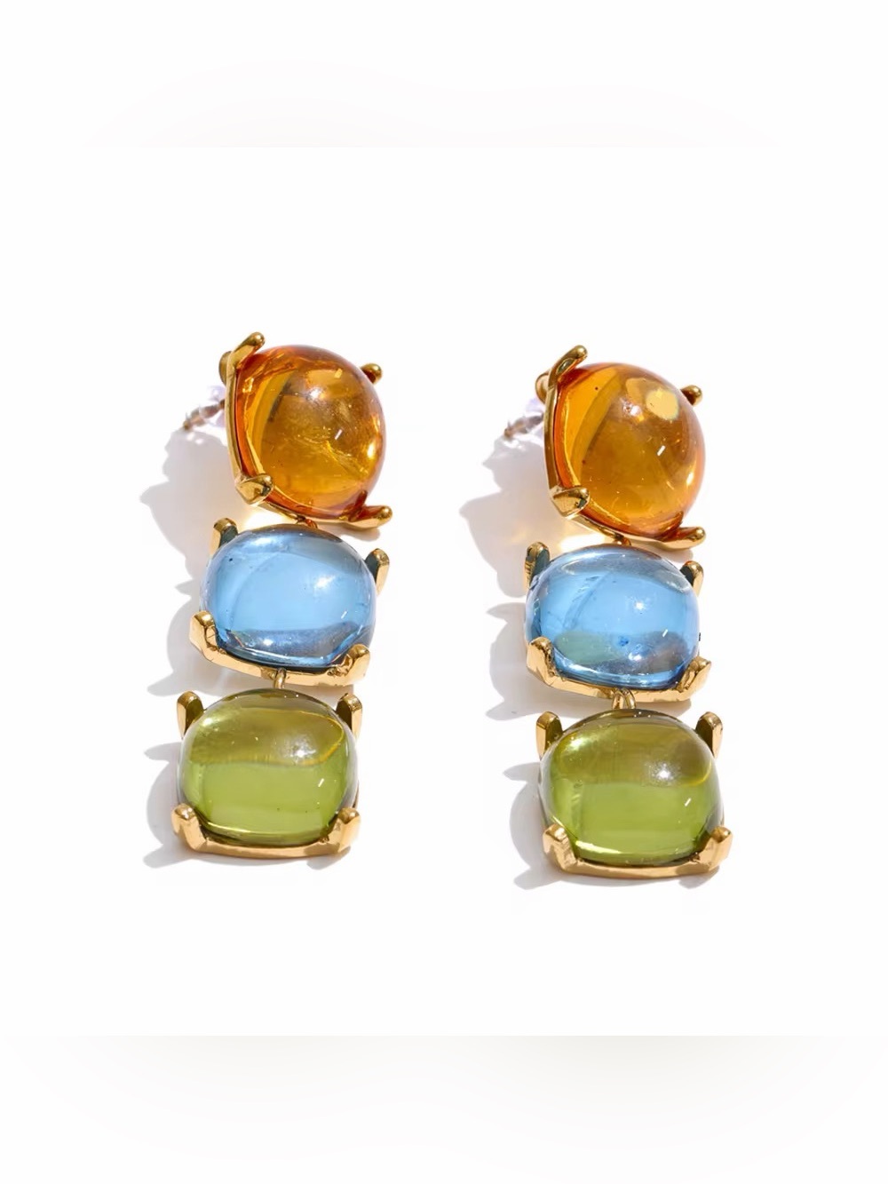Colorful Triple Stone Drop Earrings – Gold Plated Stainless Steel